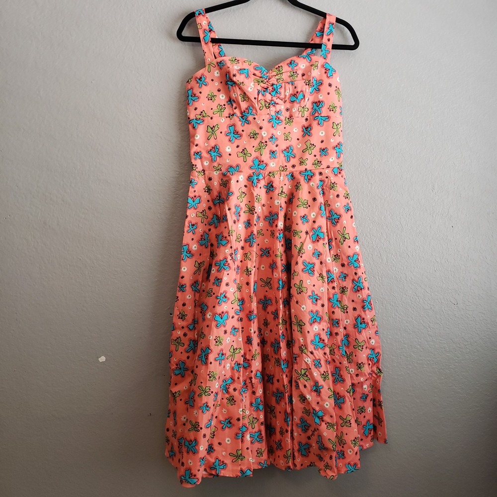 Pinup Couture Magic of Mary Blair Butterfly Coral Retro Dress L Pockets
